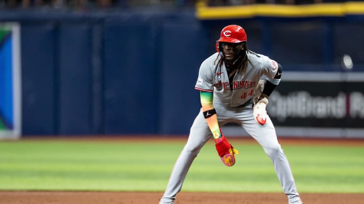 Jul 27, 2024; St. Petersburg, Florida, USA; Cincinnati Reds shortstop Elly De La Cruz (44) leads off first base against the Tampa Bay Rays during the sixth inning at Tropicana Field.