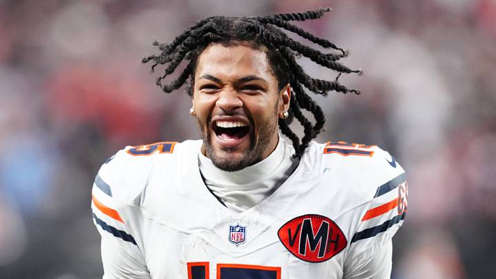 Sep 28, 2025; Paradise, Nevada, USA; Chicago Bears wide receiver Rome Odunze (15) celebrates after the game against the Las Vegas Raiders at Allegiant Stadium. Mandatory Credit: Stephen R. Sylvanie-Imagn Images