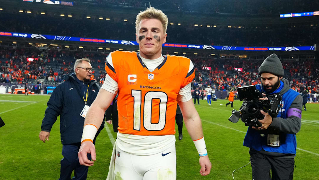 Jan 17, 2026; Denver, CO, USA; Denver Broncos quarterback Bo Nix (10) reacts after winning an AFC Divisional Round playoff game against the Buffalo Bills at Empower Field at Mile High..