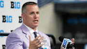 Former Northwestern Wildcats head coach Pat Fitzgerald talks to the media during Big 10 football media days at Lucas Oil Stadium. 