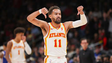 Trae Young reacting to an offensive foul call