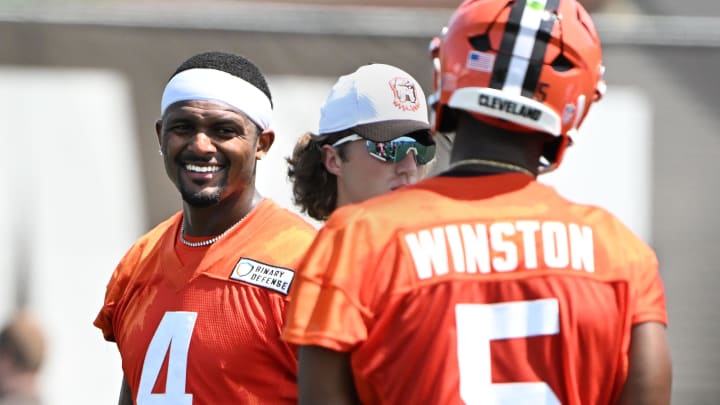 Aug 4, 2024; Cleveland Browns quarterback Deshaun Watson (4) with quarterback Jameis Winston (5) during practice at the Browns training facility in Berea, Ohio.