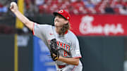 Sep 10, 2024; St. Louis, Missouri, USA;  Cincinnati Reds starting pitcher Rhett Lowder (81) pitches against the St. Louis Cardinals during the first inning at Busch Stadium. Mandatory Credit: Jeff Curry-Imagn Images