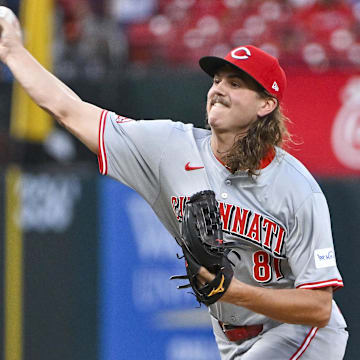 Sep 10, 2024; St. Louis, Missouri, USA;  Cincinnati Reds starting pitcher Rhett Lowder (81) pitches against the St. Louis Cardinals during the first inning at Busch Stadium. Mandatory Credit: Jeff Curry-Imagn Images