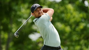 Xander Schauffele tees off during the final round of the 2025 Memorial Tournament