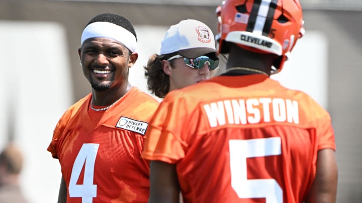 Aug 4, 2024; Cleveland Browns quarterback Deshaun Watson (4) with quarterback Jameis Winston (5) during practice at the Browns training facility in Berea, Ohio. Mandatory Credit: Bob Donnan-USA TODAY Sports