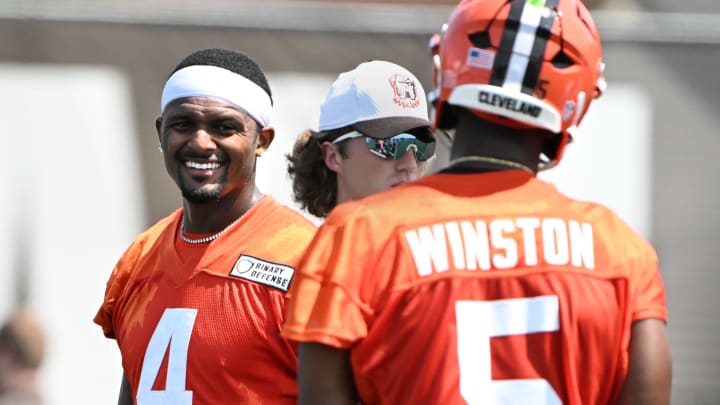 Aug 4, 2024; Cleveland Browns quarterback Deshaun Watson (4) with quarterback Jameis Winston (5) during practice at the Browns training facility in Berea, Ohio. Mandatory Credit: Bob Donnan-USA TODAY Sports