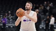Dec 1, 2025; Salt Lake City, Utah, USA;  Utah Jazz forward Kevin Love (42) warms up before the game against the Houston Rockets at Delta Center. Mandatory Credit: Chris Nicoll-Imagn Images