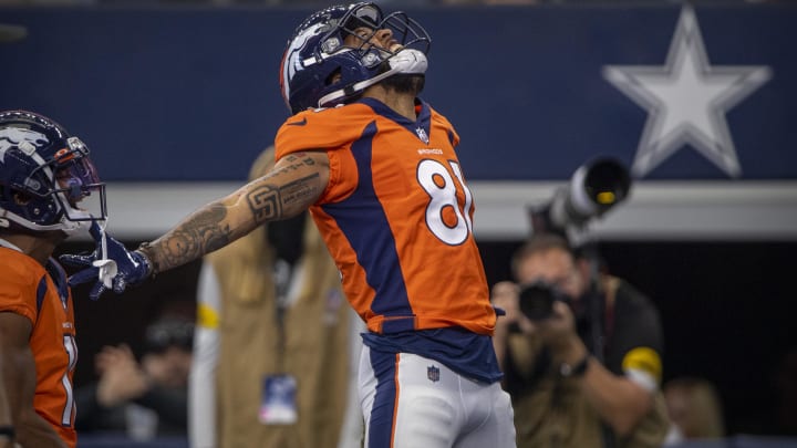 Nov 7, 2021; Arlington, Texas, USA; Denver Broncos wide receiver Tim Patrick (81) in action during the game between the Dallas Cowboys and the Denver Broncos at AT&T Stadium. Mandatory Credit: Jerome Miron-USA TODAY Sports