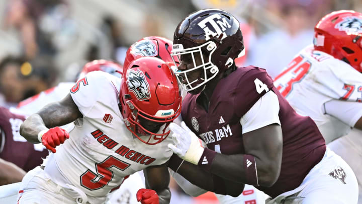 Sep 2, 2023; College Station, Texas, USA; Texas A&M Aggies defensive lineman Shemar Stewart (4) and New Mexico Lobos running back Jacory Croskey-Merritt (5) in action during the first half at Kyle Field. Mandatory Credit: Maria Lysaker-USA TODAY Sports