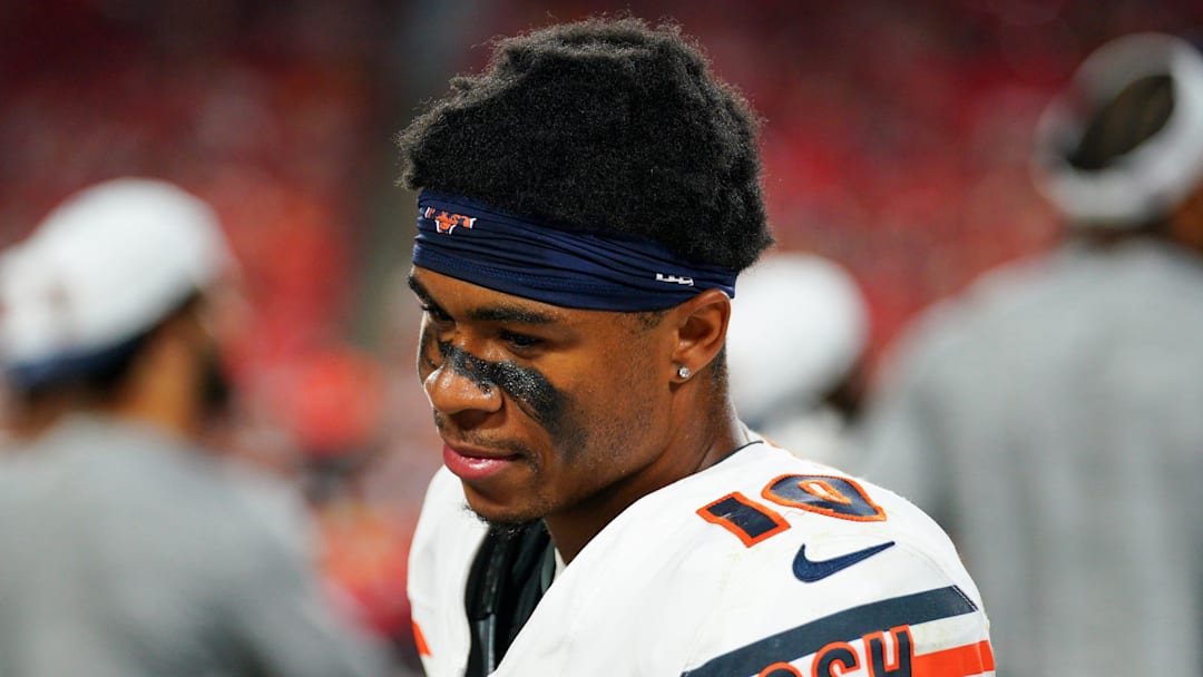 Aug 22, 2024; Kansas City, Missouri, USA; Chicago Bears wide receiver Tyler Scott (10) on the sidelines against the Kansas City Chiefs during the game at GEHA Field at Arrowhead Stadium. Mandatory Credit: Denny Medley-Imagn Images