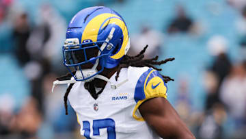 Nov 30, 2025; Charlotte, North Carolina, USA; Los Angeles Rams wide receiver Davante Adams (17) warms up before the game against the Carolina Panthers at Bank of America Stadium. Mandatory Credit: Scott Kinser-Imagn Images