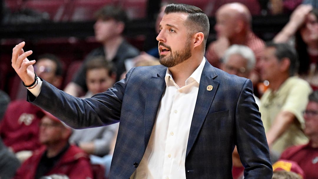 Feb 17, 2026; Tallahassee, Florida, USA; Florida State Seminoles head coach Luke Loucks reacts during the first half against the Boston College Eagles at Donald L. Tucker Center. Mandatory Credit: Melina Myers-Imagn Images