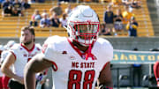 Oct 19, 2024; Berkeley, California, USA; North Carolina State Wolfpack defensive end Isaiah Shirley (88) before the game against the California Golden Bears at California Memorial Stadium. Mandatory Credit: Darren Yamashita-Imagn Images