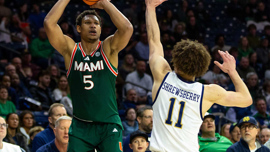 Hurricanes forward Malik Reneau shoots the basketball against Notre Dame.