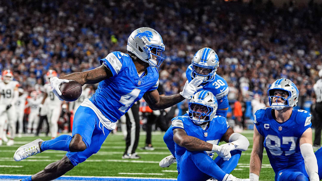Detroit Lions cornerback D.J. Reed celebrates an interception against the Cleveland Browns during the first half at Ford Field in Detroit on Sunday, Sept. 28, 2025.