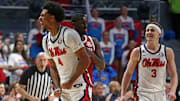 Mar 1, 2025; Oxford, Mississippi, USA; Mississippi Rebels forward Jaemyn Brakefield (4) and guard Sean Pedulla (3) react during the second half against the Oklahoma Sooners at The Sandy and John Black Pavilion at Ole Miss. Mandatory Credit: Petre Thomas-Imagn Images