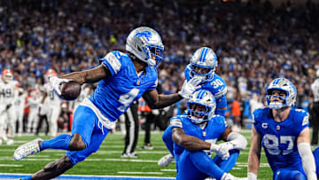 Detroit Lions cornerback D.J. Reed celebrates an interception against the Cleveland Browns during the first half at Ford Field in Detroit on Sunday, Sept. 28, 2025.