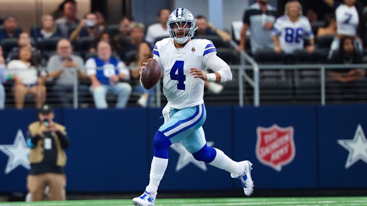 Sep 15, 2024; Arlington, Texas, USA;  Dallas Cowboys quarterback Dak Prescott (4) throws during the first half against the New Orleans Saints at AT&T Stadium. Mandatory Credit: Kevin Jairaj-Imagn Images