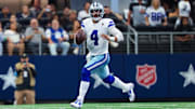 Dallas Cowboys QB Dak Prescott looks to throw a pass at AT&T Stadium.