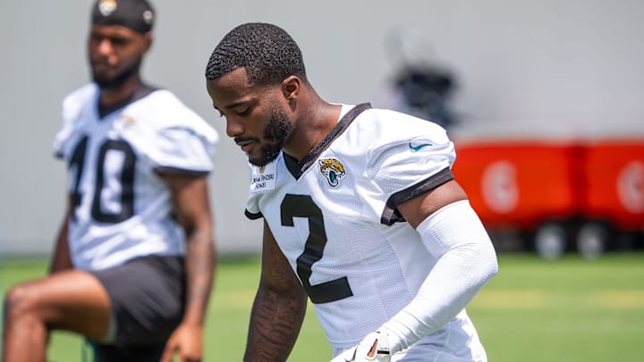 Jacksonville Jaguars cornerback Jourdan Lewis (2) stretches during the fourth organized team activity at the Miller Electric Center in Jacksonville, Fla. Tuesday, May 27, 2025. [Doug Engle/Florida Times-Union]