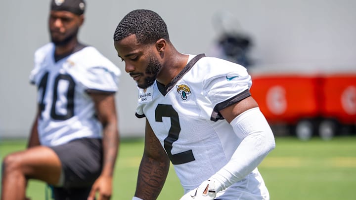 Jacksonville Jaguars cornerback Jourdan Lewis (2) stretches during the fourth organized team activity at the Miller Electric Center in Jacksonville, Fla. Tuesday, May 27, 2025. [Doug Engle/Florida Times-Union]