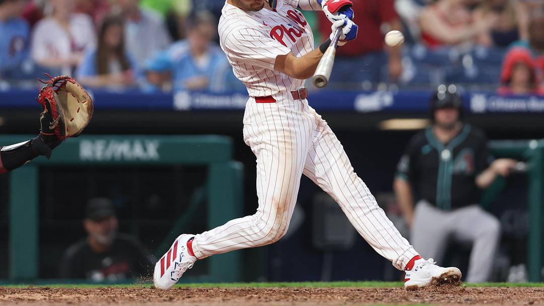 May 3, 2025; Philadelphia, Pennsylvania, USA; Philadelphia Phillies shortstop Trea Turner (7) hits a double during the fourth inning against the Arizona Diamondbacks at Citizens Bank Park. May 3, 2025; Philadelphia, Pennsylvania, USA; Philadelphia Phillies shortstop Trea Turner (7) hits a double during the fourth inning against the Arizona Diamondbacks at Citizens Bank Park.