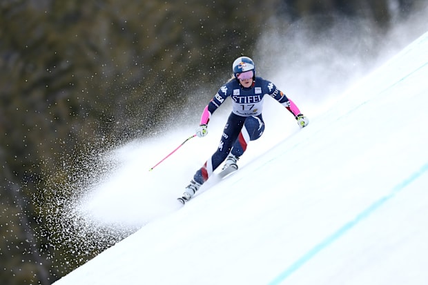 Lindsey Vonn competes in the women's Super-G during the STIFEL FIS World Cup Finals in Sun Valley, Idaho. 