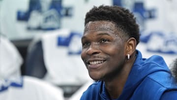 May 6, 2025; Minneapolis, Minnesota, USA; Minnesota Timberwolves guard Anthony Edwards (5) prepares to play the Golden State Warriors before game one of the second round for the 2025 NBA Playoffs at Target Center. Mandatory Credit: Bruce Kluckhohn-Imagn Images