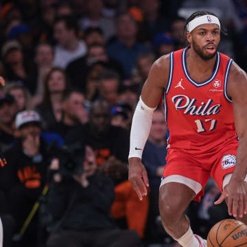 Apr 22, 2024; New York, New York, USA;  Philadelphia 76ers guard Buddy Hield (17) dribbles up court against the New York Knicks during the first half during game two of the first round for the 2024 NBA playoffs at Madison Square Garden. Mandatory Credit: Vincent Carchietta-USA TODAY Sports