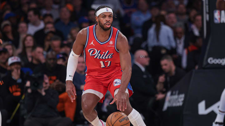Apr 22, 2024; New York, New York, USA;  Philadelphia 76ers guard Buddy Hield (17) dribbles up court against the New York Knicks during the first half during game two of the first round for the 2024 NBA playoffs at Madison Square Garden. Mandatory Credit: Vincent Carchietta-USA TODAY Sports