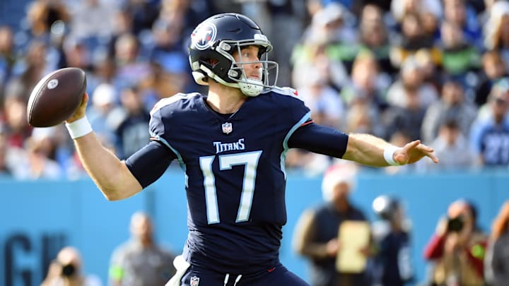 Dec 24, 2023; Nashville, Tennessee, USA; Tennessee Titans quarterback Ryan Tannehill (17) drops back to pass during the first half against the Seattle Seahawks at Nissan Stadium. Mandatory Credit: Christopher Hanewinckel-Imagn Images