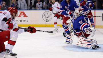 May 13, 2024; New York, New York, USA; Carolina Hurricanes center Evgeny Kuznetsov (92) scores a
