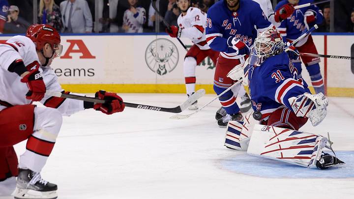 May 13, 2024; New York, New York, USA; Carolina Hurricanes center Evgeny Kuznetsov (92) scores a
