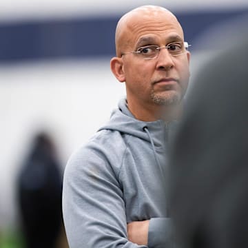 Penn State football coach James Franklin watches the action during Penn State's Pro Day in Holuba Hall. 