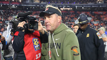 Nov 1, 2025; Auburn, Alabama, USA;  Auburn Tigers head coach Hugh Freeze walks off the field after the Tigers lost to Kentucky Wildcats at Jordan-Hare Stadium. Mandatory Credit: John Reed-Imagn Images