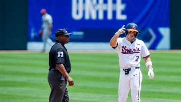 May 24, 2024; Charlotte, NC, USA; Virginia Cavaliers infielder Henry Godbout (2) celebrates a double in the seventh inning against the Florida State Seminoles during the ACC Baseball Tournament at Truist Field. Mandatory Credit: Scott Kinser-USA TODAY Sports