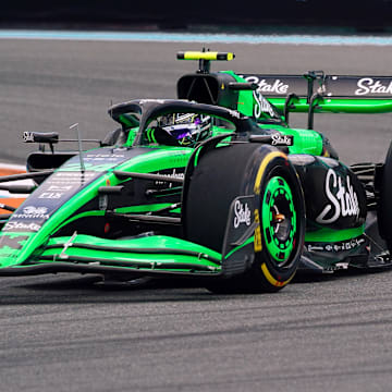 May 3, 2024; Miami Gardens, Florida, USA; Kick Sauber driver Zhou Gunayu (24) races into turn one during F1 practice at Miami International Autodrome. Mandatory Credit: John David Mercer-Imagn Images