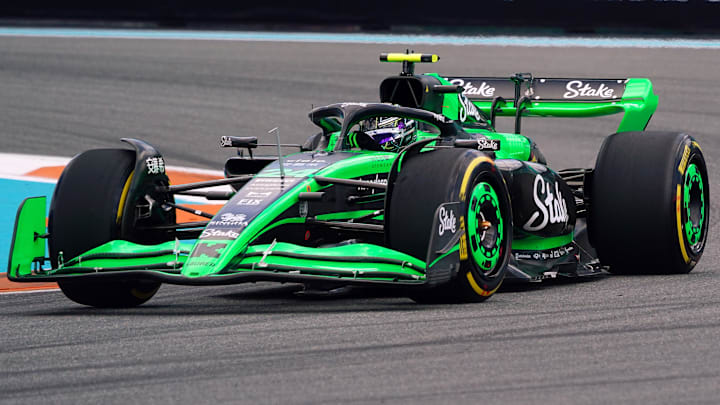 May 3, 2024; Miami Gardens, Florida, USA; Kick Sauber driver Zhou Gunayu (24) races into turn one during F1 practice at Miami International Autodrome. Mandatory Credit: John David Mercer-Imagn Images