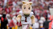 An OU mascot runs on the field before the Sooners take on Missouri.
