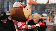 Ohio State mascot Brutus interacts with Lee Corso on the set of ESPN College GameDay prior to the College Football Playoff first round game
