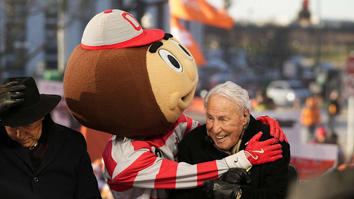Ohio State mascot Brutus interacts with Lee Corso on the set of ESPN College GameDay prior to the College Football Playoff first round game Ohio State mascot Brutus interacts with Lee Corso on the set of ESPN College GameDay prior to the College Football Playoff first round game