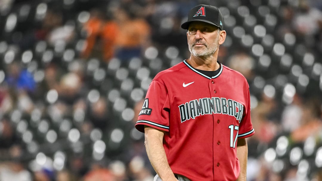 Apr 13, 2026; Baltimore, Maryland, USA;  Arizona Diamondbacks manager Torey Lovullo (17) walks on the field during a pitch change in the sixth inning against the Baltimore Orioles at Oriole Park at Camden Yards. Mandatory Credit: Tommy Gilligan-Imagn Images