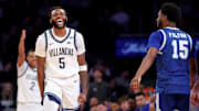 Mar 12, 2025; New York, NY, USA; Villanova Wildcats guard Wooga Poplar (5) reacts after Seton Hall Pirates guard Jahseem Felton (15) loses the ball out of bounds during the second half at Madison Square Garden. Mandatory Credit: Brad Penner-Imagn Images