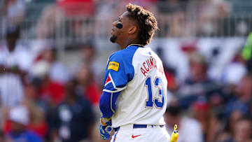 May 24, 2025; Atlanta, Georgia, USA; Atlanta Braves right fielder Ronald Acuna Jr. (13) between innings against the San Diego Padres in the seventh inning at Truist Park. 
