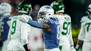 Nov 13, 2025; Foxborough, Massachusetts, USA; New England Patriots wide receiver Stefon Diggs (8) reacts after a first down play against the New York Jets in the fourth quarter at Gillette Stadium. Mandatory Credit: David Butler II-Imagn Images