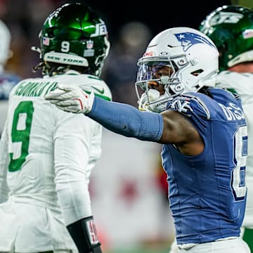 Nov 13, 2025; Foxborough, Massachusetts, USA; New England Patriots wide receiver Stefon Diggs (8) reacts after a first down play against the New York Jets in the fourth quarter at Gillette Stadium. Mandatory Credit: David Butler II-Imagn Images
