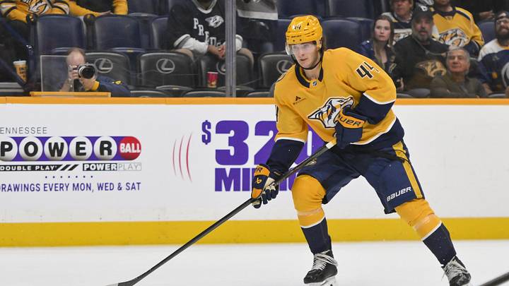 Oct 21, 2025; Nashville, Tennessee, USA;  Nashville Predators center Brady Martin (44) skates with the puck against the Anaheim Ducks during the third period at Bridgestone Arena. Mandatory Credit: Steve Roberts-Imagn Images