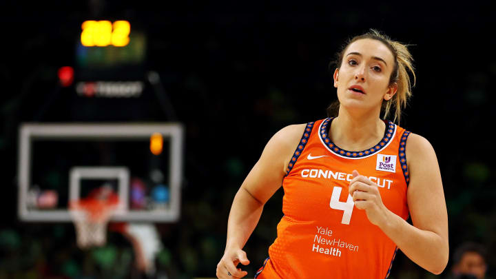 Jul 19, 2024; Phoenix, AZ, USA; Connecticut Sun player Marina Mabrey participates in the 3-point contest during the WNBA All-Star Skills Night at the Footprint Center. Mandatory Credit: Mark J. Rebilas-USA TODAY Sports