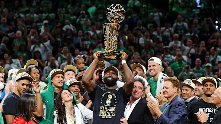 Boston Celtics guard Jaylen Brown (7) celebrates with the Larry O’Brien Trophy. Boston Celtics guard Jaylen Brown (7) celebrates with the Larry O’Brien Trophy.